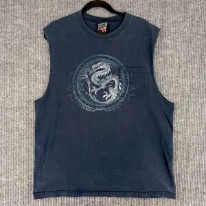 vintage Y2K dragon urban sleeveless pocket tee faded navy grunge tank top XL